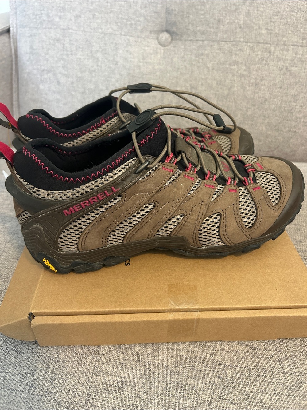 Merrell Brown and Gray Trail Shoes with Pink Details